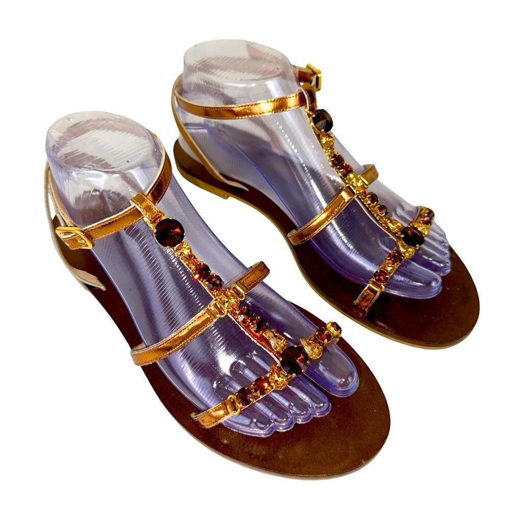 SALVATORE FERRAGAMO BRONZE PATENT LEATHER  SANDALS W RHINESTONES/GOLD ORNAMENT